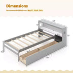 Costway Twin Size Bed Frame with LED Light & Power Outlet Bookcase Headboard Drawers White/Gray