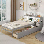 Costway Twin Size Bed Frame with LED Light & Power Outlet Bookcase Headboard Drawers White/Gray