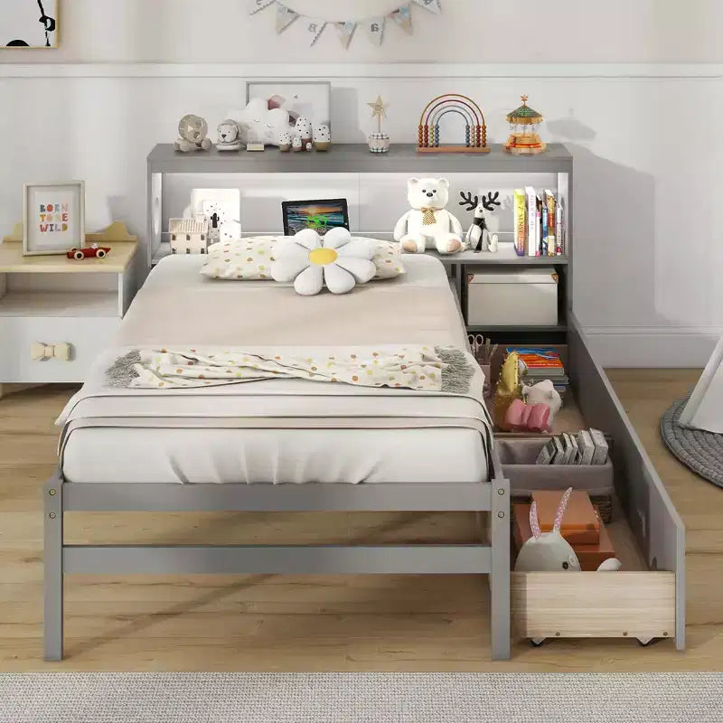 Costway Twin Size Bed Frame with LED Light & Power Outlet Bookcase Headboard Drawers White/Gray