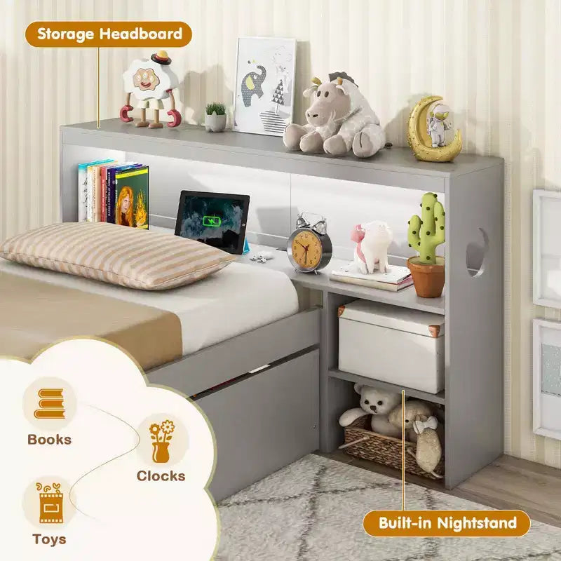 Costway Twin Size Bed Frame with LED Light & Power Outlet Bookcase Headboard Drawers White/Gray