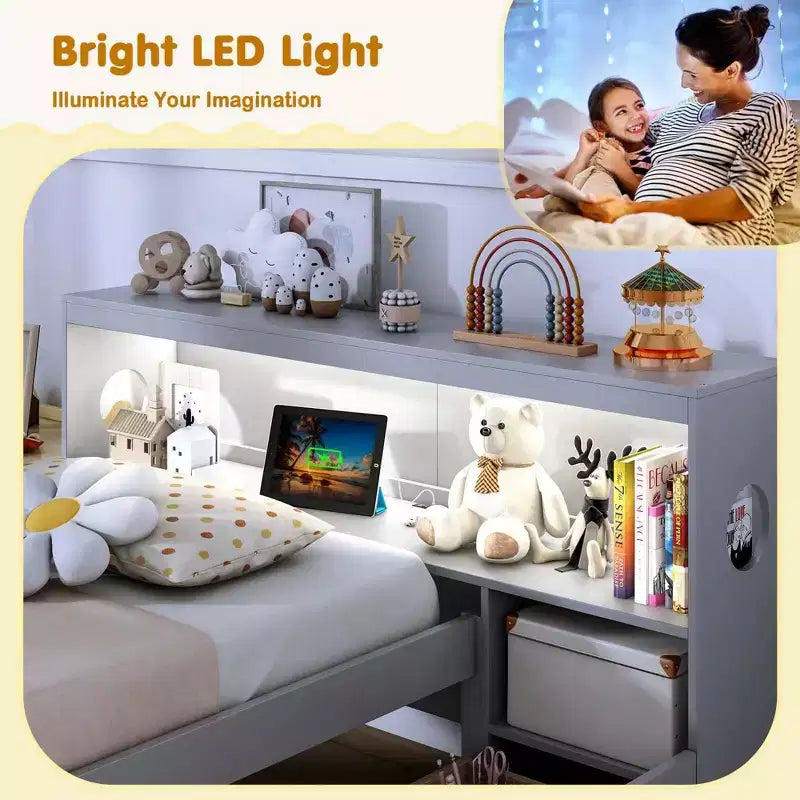 Costway Twin Size Bed Frame with LED Light & Power Outlet Bookcase Headboard Drawers White/Gray