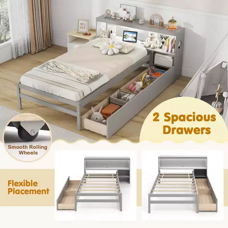 Costway Twin Size Bed Frame with LED Light & Power Outlet Bookcase Headboard Drawers White/Gray