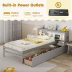Costway Twin Size Bed Frame with LED Light & Power Outlet Bookcase Headboard Drawers White/Gray