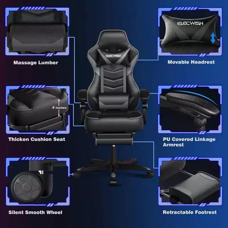 ELECWISH Gaming Chair with Footrest, Lumbar Support, Breathable Computer Chair with Pocket Spring Cushion, Chairs for Adults