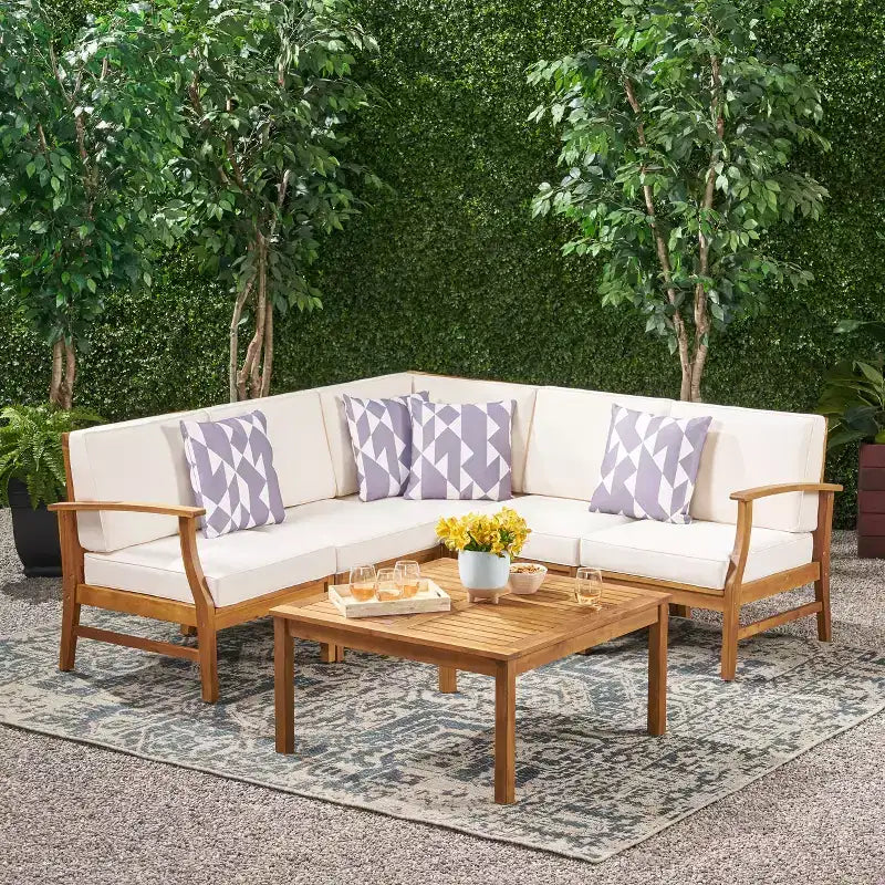 Christopher Knight Home Perla Outdoor Acacia Wood 5 Seater Sectional Sofa Chat Set with Water-Resistant Cushions