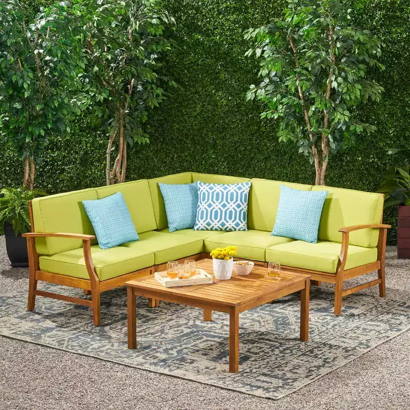 Christopher Knight Home Perla Outdoor Acacia Wood 5 Seater Sectional Sofa Chat Set with Water-Resistant Cushions