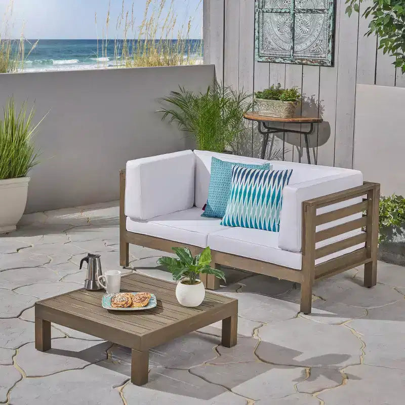 Christopher Knight Home Oana Outdoor Acacia Wood Loveseat and Coffee Table Set with Cushions