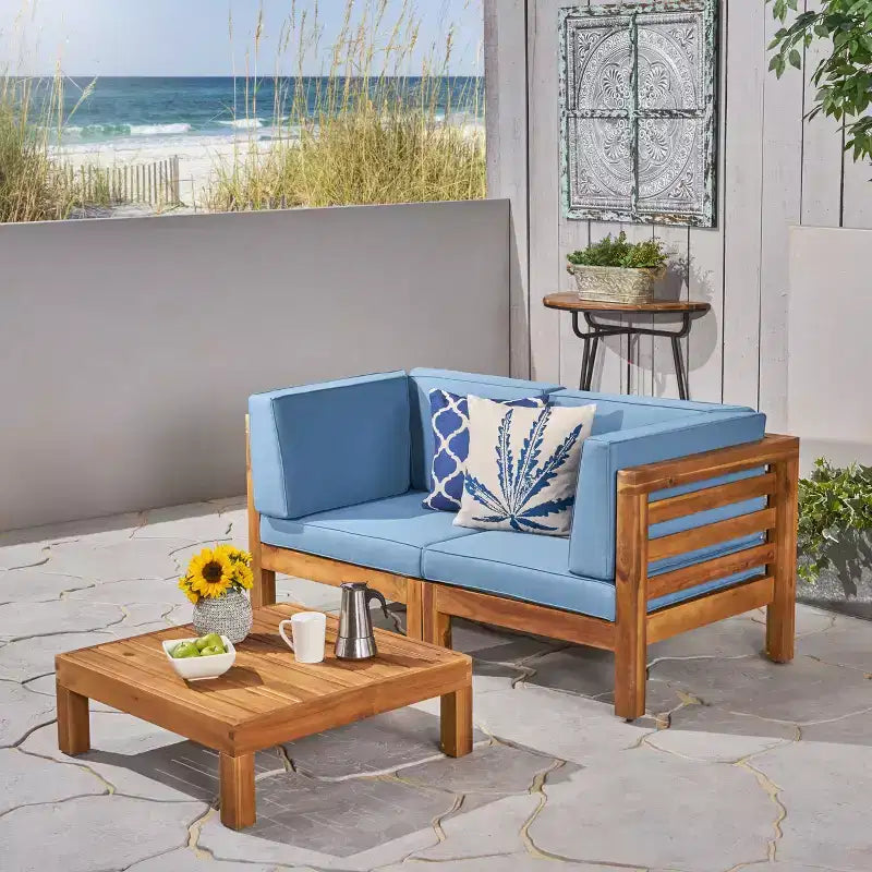 Christopher Knight Home Oana Outdoor Acacia Wood Loveseat and Coffee Table Set with Cushions