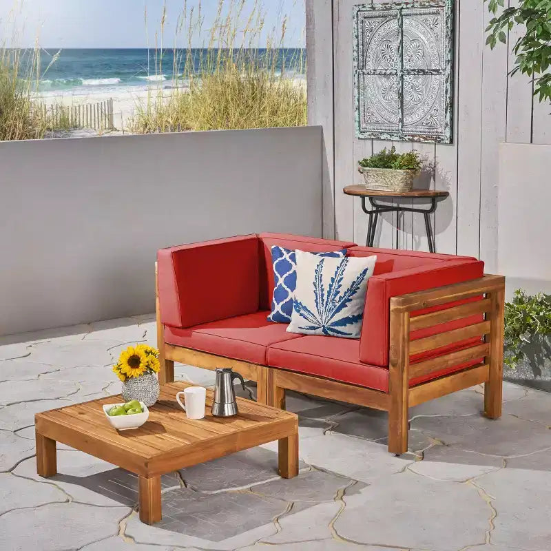 Christopher Knight Home Oana Outdoor Acacia Wood Loveseat and Coffee Table Set with Cushions