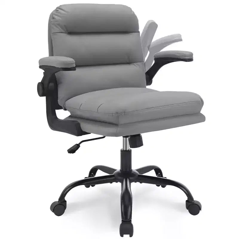 VECELO High Back Desk Chair PU Office Chair Upholstered Padding Swivel Computer Task Chair With Flip-Up Arms and Adjustable Height White/Gray