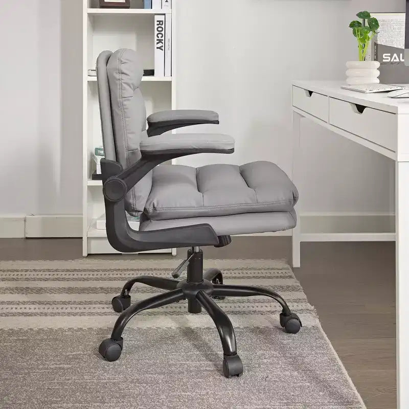 VECELO High Back Desk Chair PU Office Chair Upholstered Padding Swivel Computer Task Chair With Flip-Up Arms and Adjustable Height White/Gray