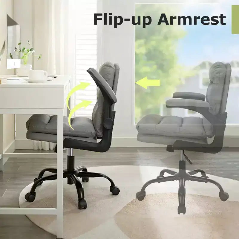 VECELO High Back Desk Chair PU Office Chair Upholstered Padding Swivel Computer Task Chair With Flip-Up Arms and Adjustable Height White/Gray
