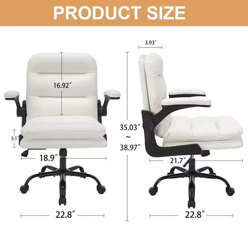 VECELO High Back Desk Chair PU Office Chair Upholstered Padding Swivel Computer Task Chair With Flip-Up Arms and Adjustable Height White/Gray