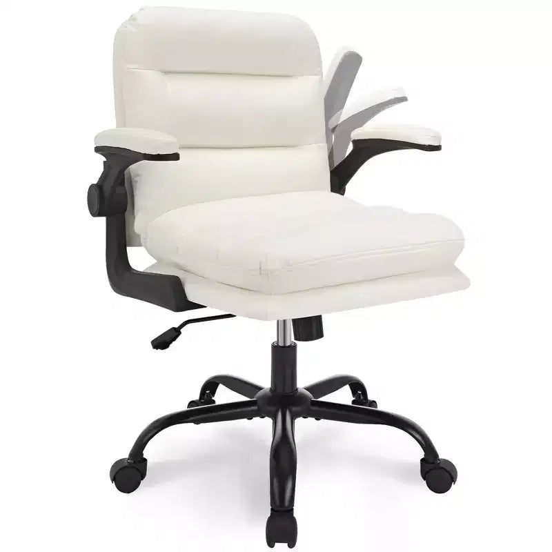 VECELO High Back Desk Chair PU Office Chair Upholstered Padding Swivel Computer Task Chair With Flip-Up Arms and Adjustable Height White/Gray