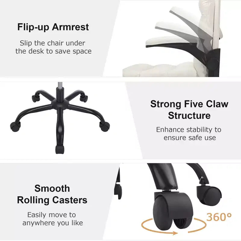 VECELO High Back Desk Chair PU Office Chair Upholstered Padding Swivel Computer Task Chair With Flip-Up Arms and Adjustable Height White/Gray