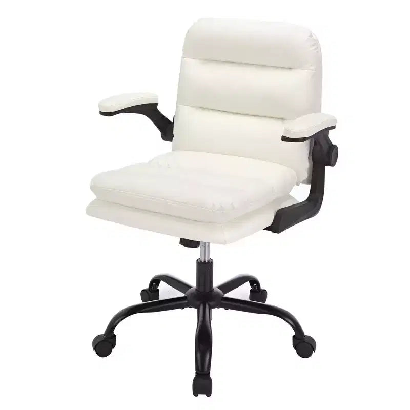 VECELO High Back Desk Chair PU Office Chair Upholstered Padding Swivel Computer Task Chair With Flip-Up Arms and Adjustable Height White/Gray
