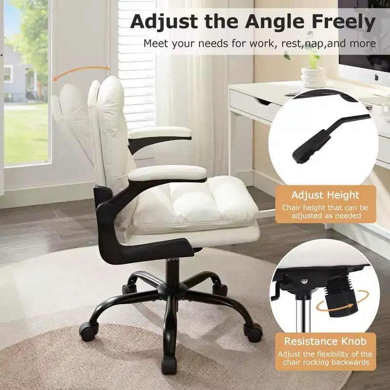 VECELO High Back Desk Chair PU Office Chair Upholstered Padding Swivel Computer Task Chair With Flip-Up Arms and Adjustable Height White/Gray
