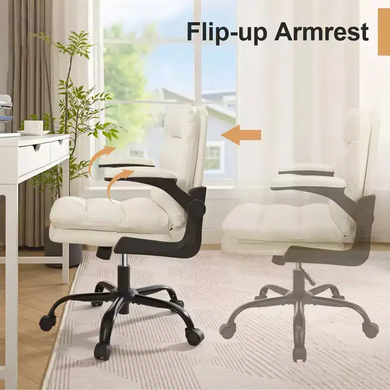 VECELO High Back Desk Chair PU Office Chair Upholstered Padding Swivel Computer Task Chair With Flip-Up Arms and Adjustable Height White/Gray