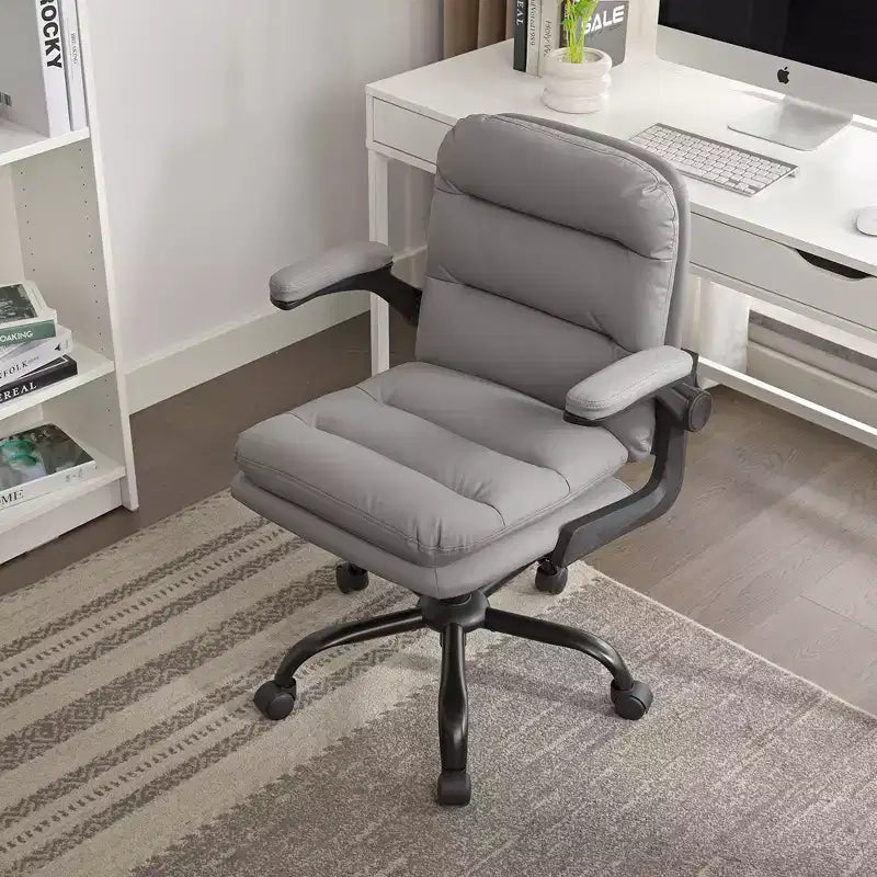 VECELO High Back Desk Chair PU Office Chair Upholstered Padding Swivel Computer Task Chair With Flip-Up Arms and Adjustable Height White/Gray