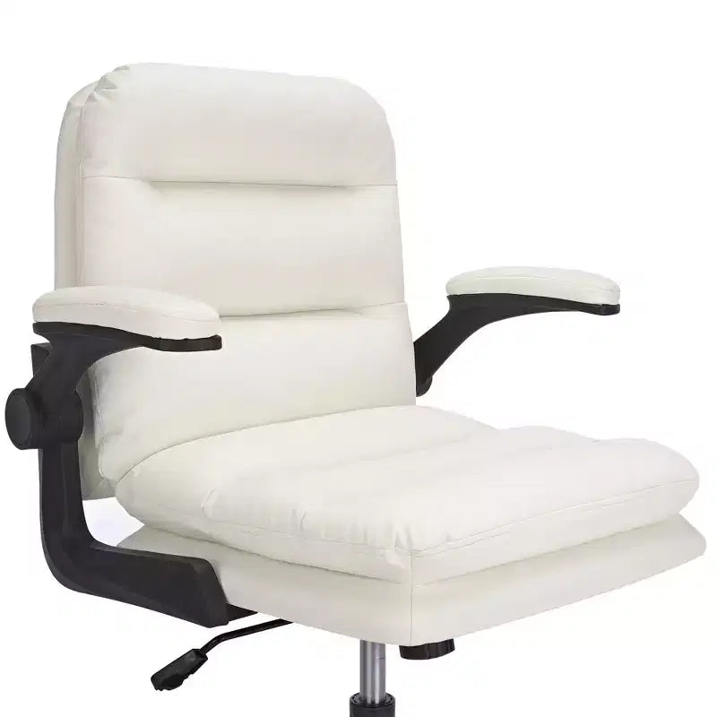VECELO High Back Desk Chair PU Office Chair Upholstered Padding Swivel Computer Task Chair With Flip-Up Arms and Adjustable Height White/Gray