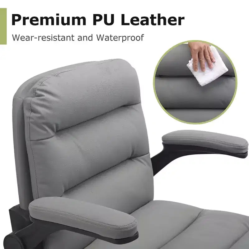 VECELO High Back Desk Chair PU Office Chair Upholstered Padding Swivel Computer Task Chair With Flip-Up Arms and Adjustable Height White/Gray