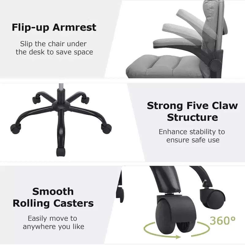 VECELO High Back Desk Chair PU Office Chair Upholstered Padding Swivel Computer Task Chair With Flip-Up Arms and Adjustable Height White/Gray
