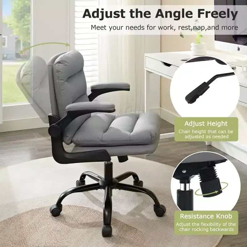 VECELO High Back Desk Chair PU Office Chair Upholstered Padding Swivel Computer Task Chair With Flip-Up Arms and Adjustable Height White/Gray