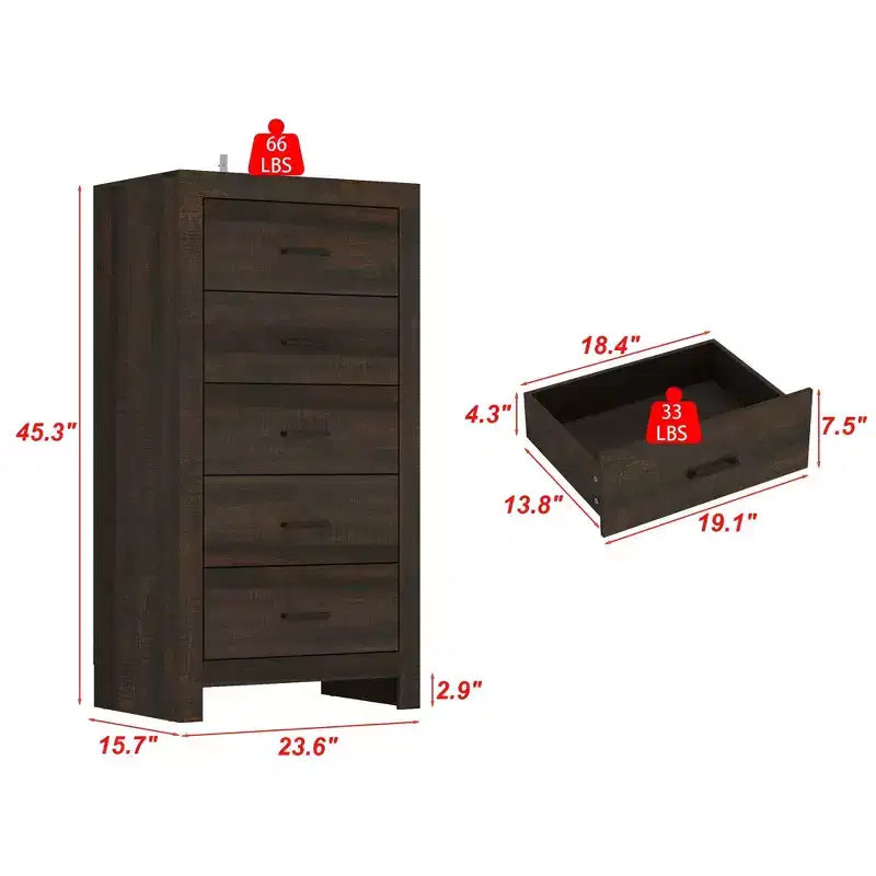 Commode verticale à 5 tiroirs Famapy, commode en bois texturé avec poignées décoratives en métal