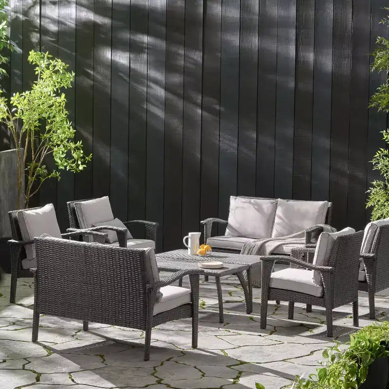 GDFStudio Hilary Outdoor Wicker 8 Seater Chat Set with Cushions