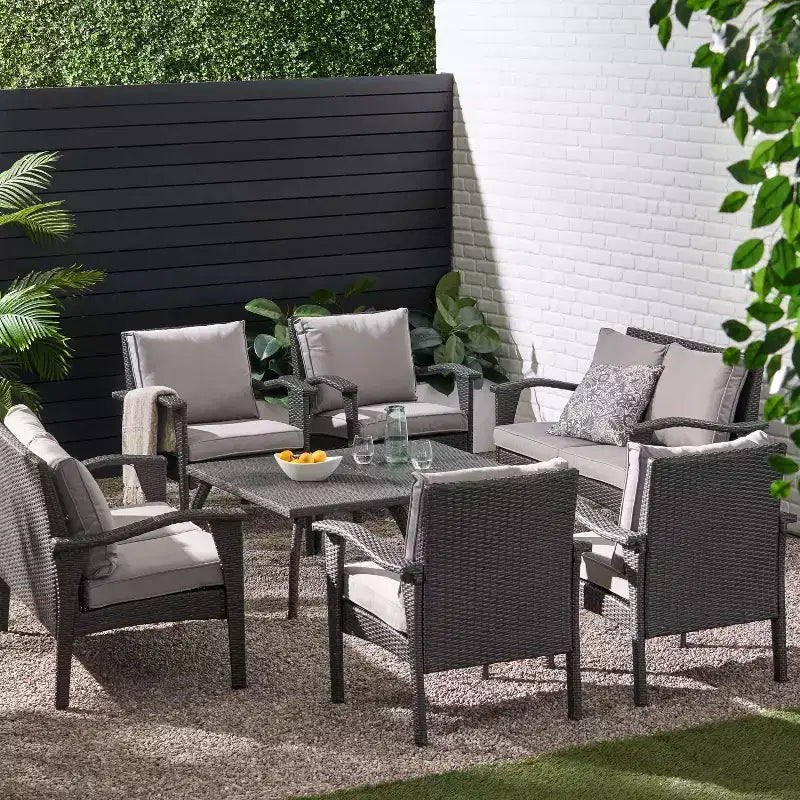 GDFStudio Hilary Outdoor Wicker 8 Seater Chat Set with Cushions