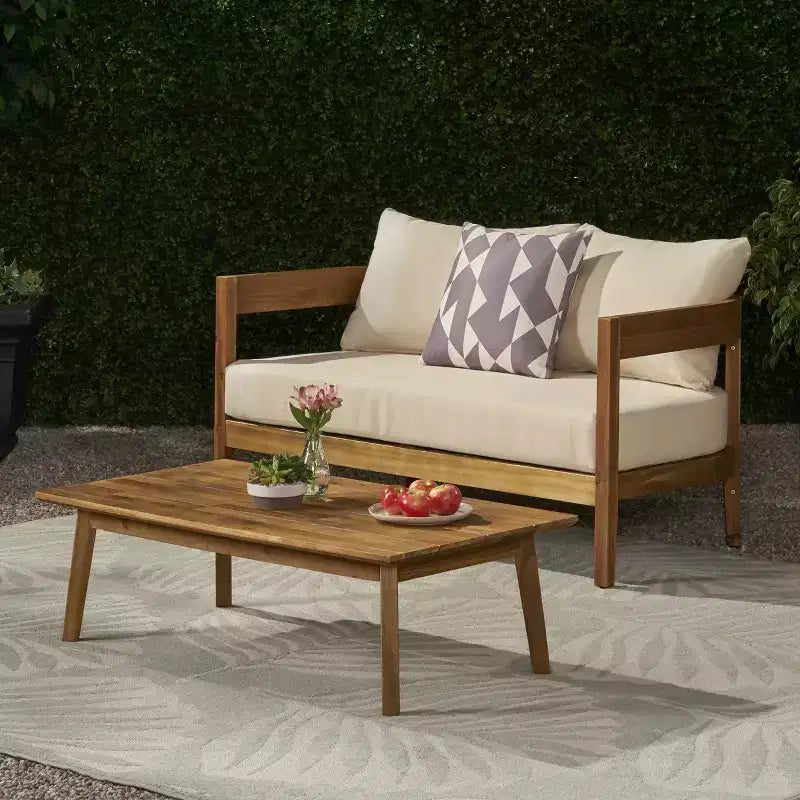 GDFStudio Burrough Ensemble causeuse et table basse en bois d'acacia d'extérieur avec coussins