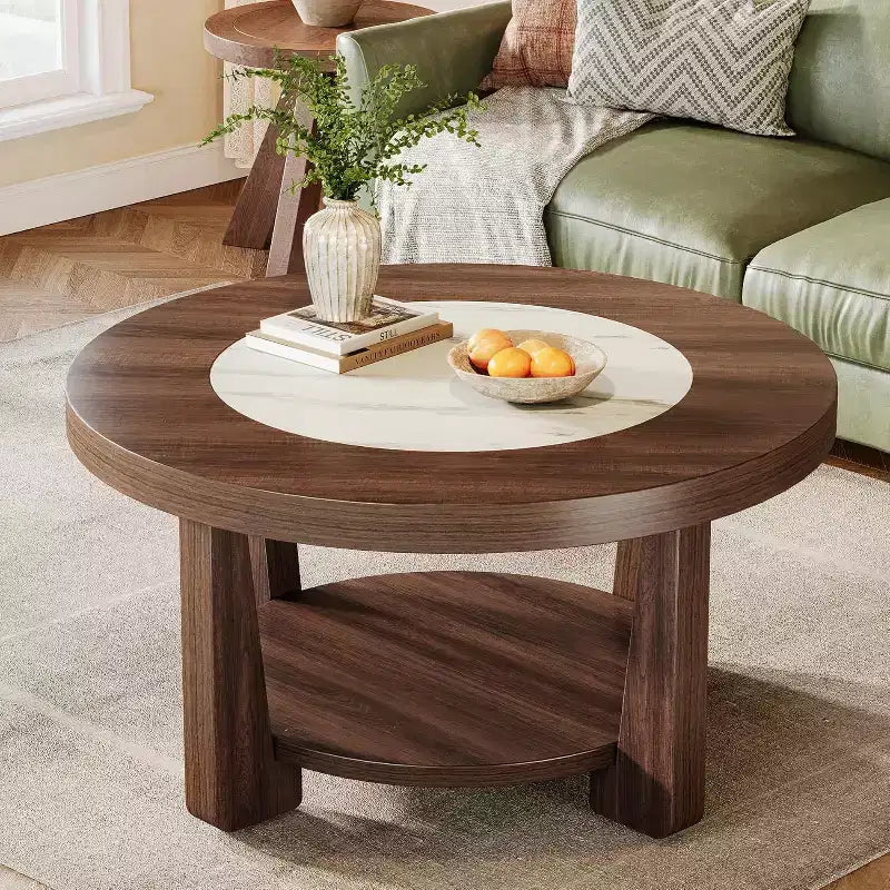 Table basse Lantine, table d'appoint ronde à 2 niveaux avec rangement pour le salon