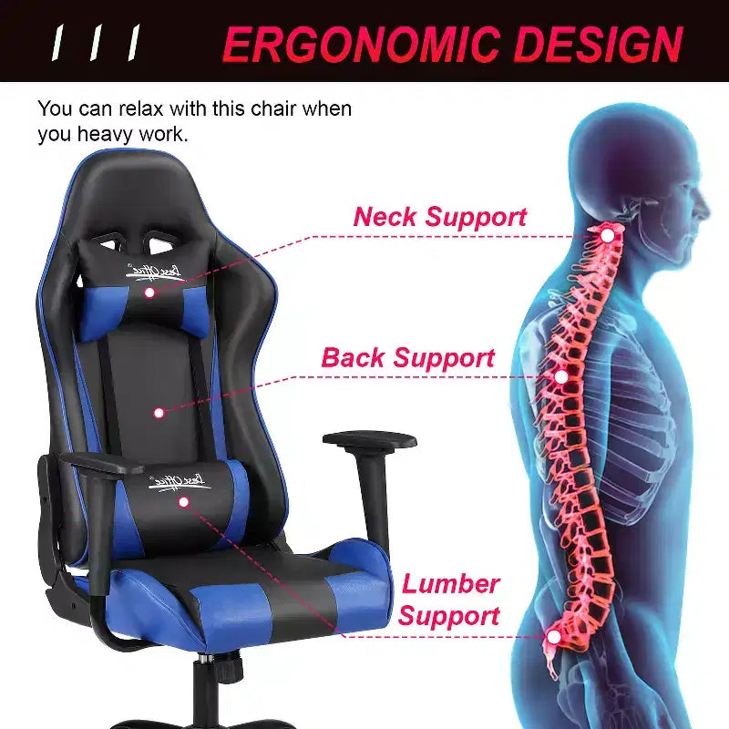 Chaise de jeu BestMassage, chaise de bureau avec support lombaire, appui-tête, accoudoirs et roulettes pivotantes pour joueurs de PC