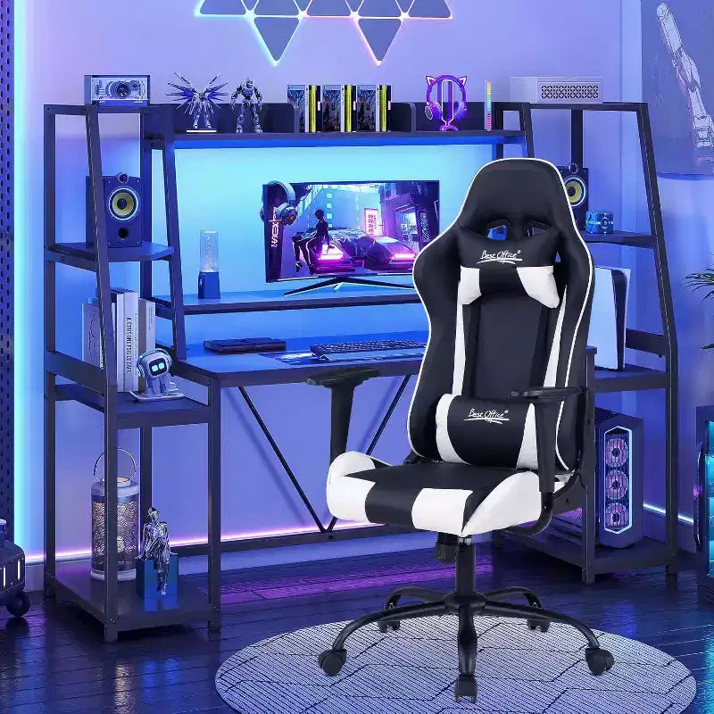 Chaise de jeu BestMassage, chaise de bureau avec support lombaire, appui-tête, accoudoirs et roulettes pivotantes pour joueurs de PC