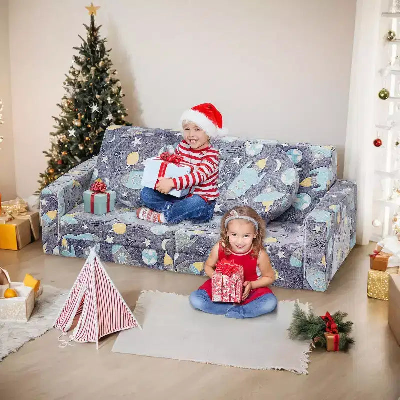 EROMMY Kids Couch, 12pcs Modular Kids Play Couch Kids Sofa with Green Glow, Versatile Toddler Couch for Playroom
