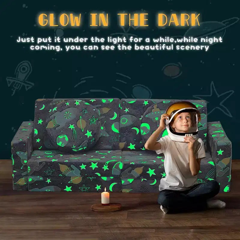 EROMMY Kids Couch, 12pcs Modular Kids Play Couch Kids Sofa with Green Glow, Versatile Toddler Couch for Playroom