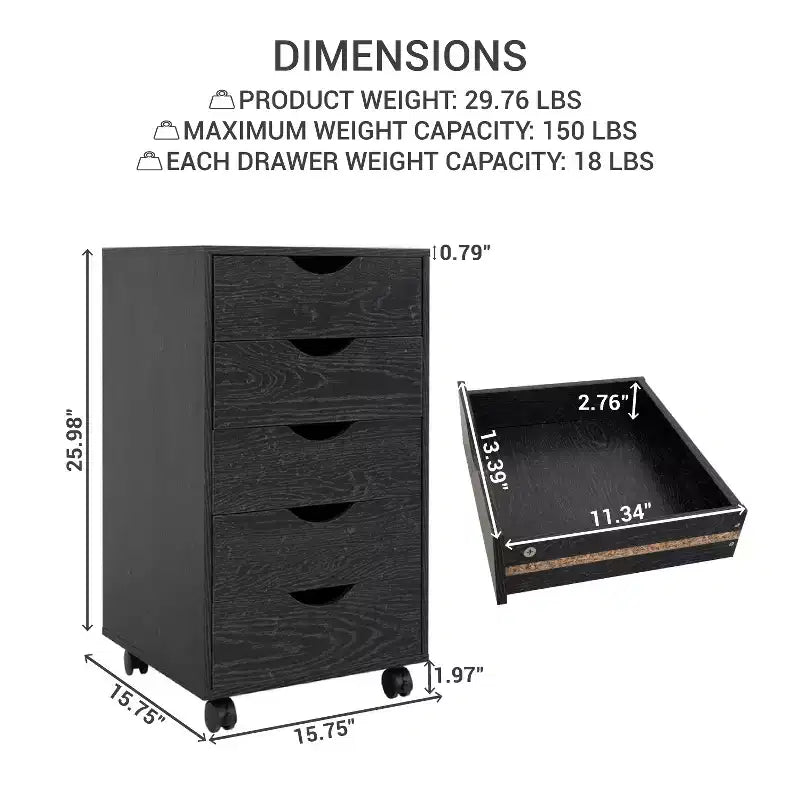 5-Drawer Office File Storage Cabinet, Smart Storage with Adjustable Dividers, Lockable Casters & Smooth Slides