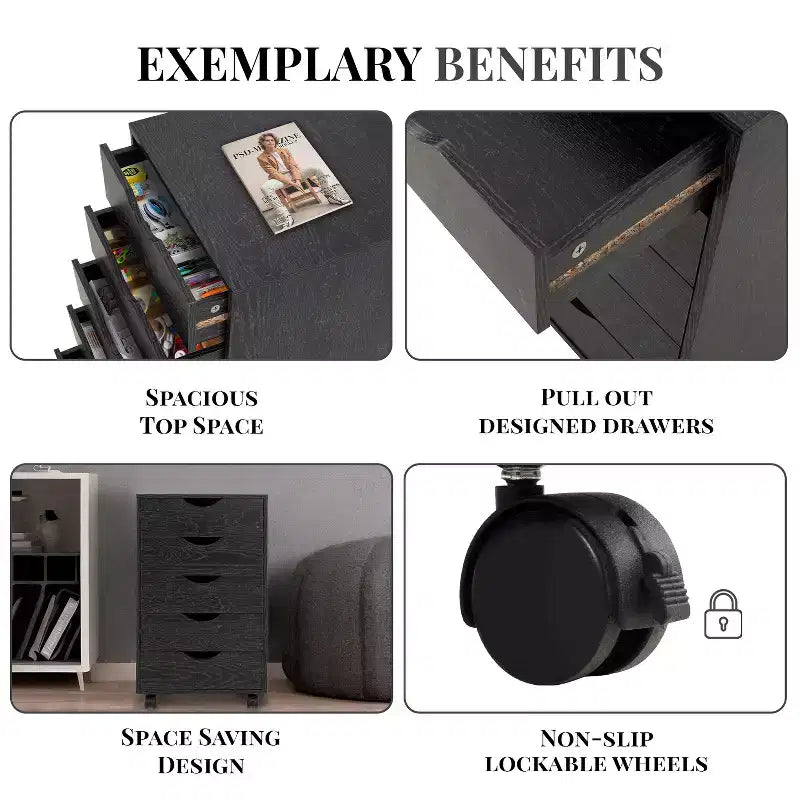 5-Drawer Office File Storage Cabinet, Smart Storage with Adjustable Dividers, Lockable Casters & Smooth Slides