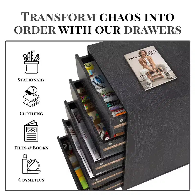 5-Drawer Office File Storage Cabinet, Smart Storage with Adjustable Dividers, Lockable Casters & Smooth Slides
