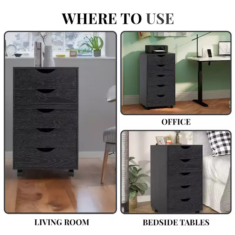 5-Drawer Office File Storage Cabinet, Smart Storage with Adjustable Dividers, Lockable Casters & Smooth Slides