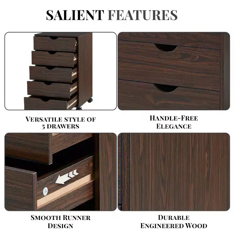 5-Drawer Office File Storage Cabinet, Smart Storage with Adjustable Dividers, Lockable Casters & Smooth Slides