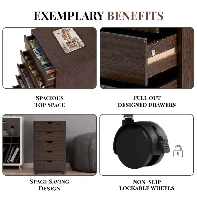 5-Drawer Office File Storage Cabinet, Smart Storage with Adjustable Dividers, Lockable Casters & Smooth Slides