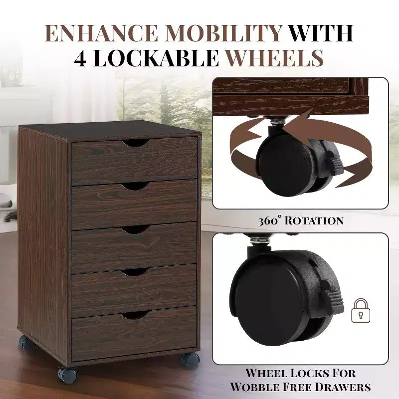 5-Drawer Office File Storage Cabinet, Smart Storage with Adjustable Dividers, Lockable Casters & Smooth Slides