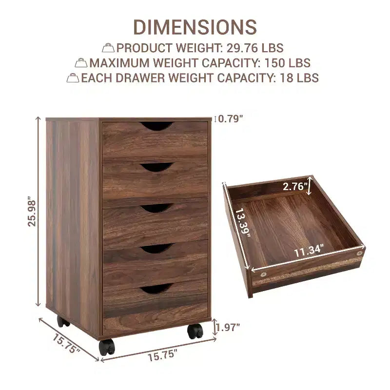 5-Drawer Office File Storage Cabinet, Smart Storage with Adjustable Dividers, Lockable Casters & Smooth Slides