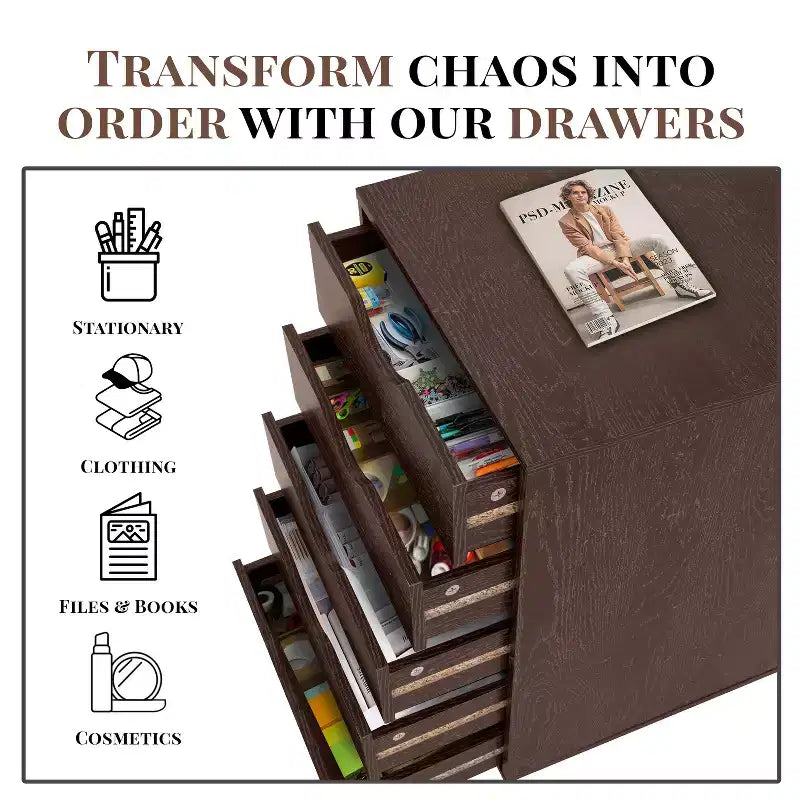 5-Drawer Office File Storage Cabinet, Smart Storage with Adjustable Dividers, Lockable Casters & Smooth Slides