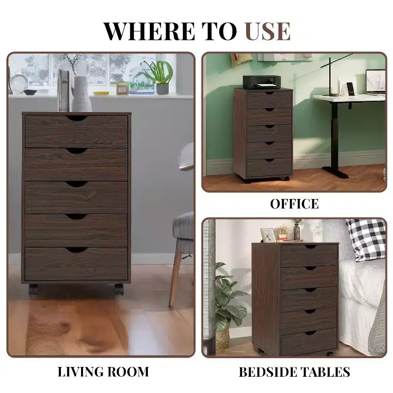 5-Drawer Office File Storage Cabinet, Smart Storage with Adjustable Dividers, Lockable Casters & Smooth Slides