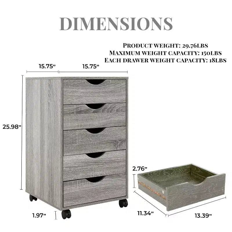 5-Drawer Office File Storage Cabinet, Smart Storage with Adjustable Dividers, Lockable Casters & Smooth Slides