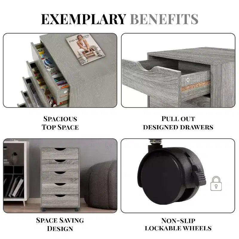 5-Drawer Office File Storage Cabinet, Smart Storage with Adjustable Dividers, Lockable Casters & Smooth Slides