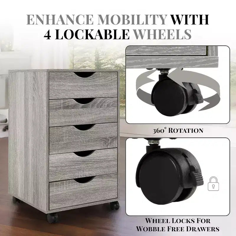 5-Drawer Office File Storage Cabinet, Smart Storage with Adjustable Dividers, Lockable Casters & Smooth Slides