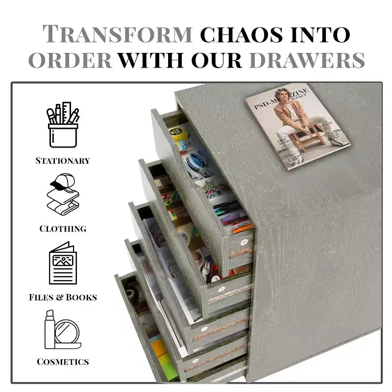 5-Drawer Office File Storage Cabinet, Smart Storage with Adjustable Dividers, Lockable Casters & Smooth Slides